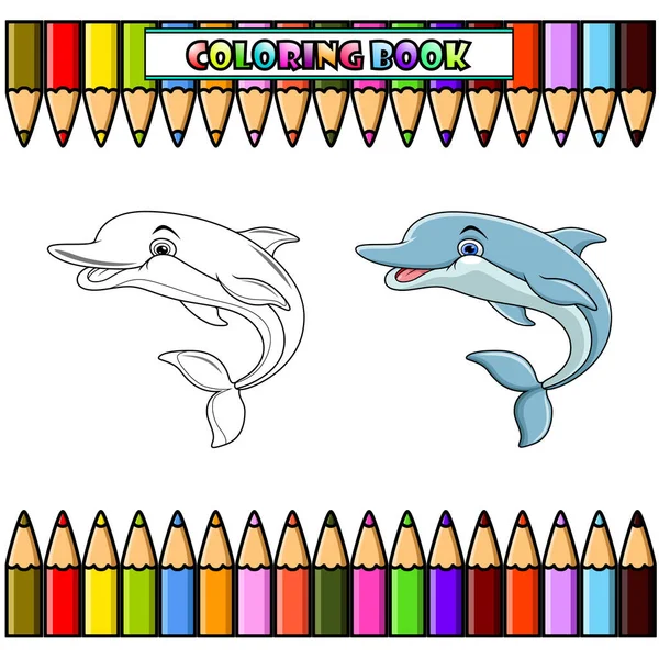 Cartoon happy blue dolphin jumping for coloring book