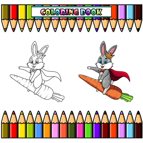 cartoon rabbit wearing a crown and a cape riding a carrot for coloring book