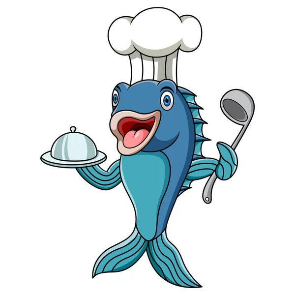 Cartoon chef fish holding a soup ladle with  a tray