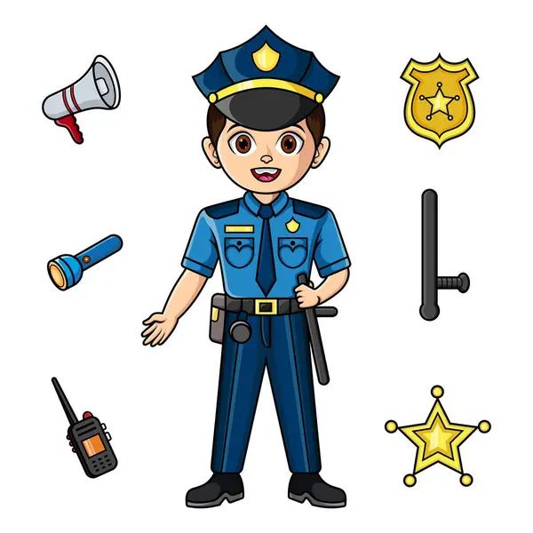 Cute male police officer with equipment set