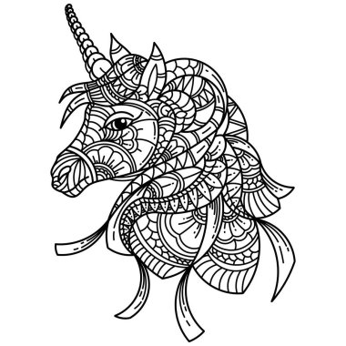 Zentangle tarzında tek boynuzlu at kafası çizilmiş.