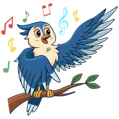 Çizgi film mavi kuş ağaç dalında ötüyor