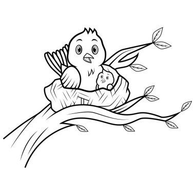 Cartoon mother bird with her baby in the nest line art clipart