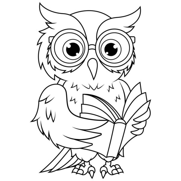 Мультяшная сова в очках читает книжную линейку