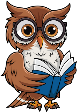 Çizgi film baykuşu gözlük takıp kitap okuyor.