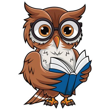 Çizgi film baykuşu gözlük takıp kitap okuyor.