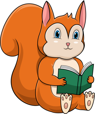 Kitap okuyan bir sincap karikatürü.