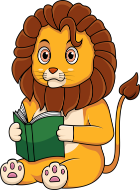 Kitap okuyan sevimli bir aslan.