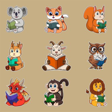 Şirin hayvanlar kitap okurlar vektör illüstrasyonunu ayarlarlar