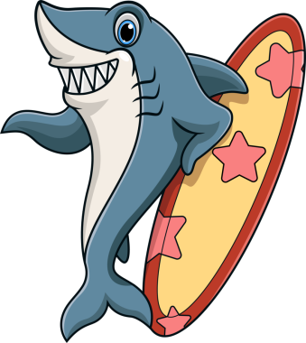 Çizgi film köpekbalığı sörf tahtası tutuyor.