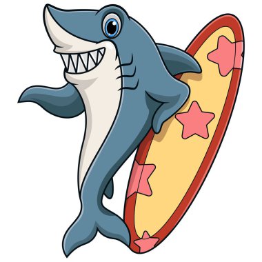 Çizgi film köpekbalığı sörf tahtası tutuyor.