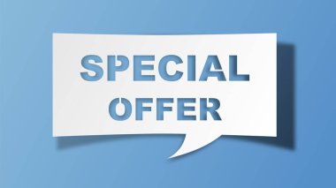 White speech bubble with words special offer on blue background. Special offer - banner, speech bubble, label, sticker, ribbon template. Vector illustration