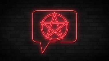 Red pentagram. Neon sign of pentagram and speech bubble in grunge style on brick wall background.