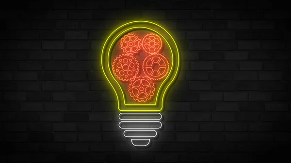 Light lamp bulbs with cogwheel gear neon icon on brick wall. Elements of team work set. Simple icon for websites, web design, mobile app, info graphics.