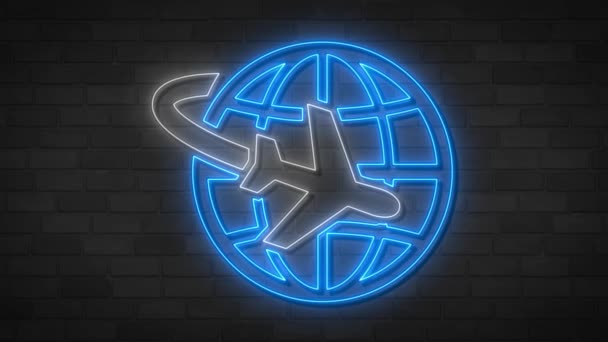 Animația Prezintă Semn Neon Glob Albastru Avion Alb Care Zboară — Videoclip de stoc
