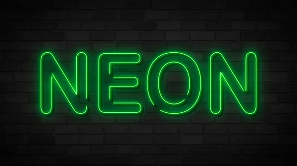 Tuğla Bir Duvarda Yeşil Kelime Neon Işığı Olan Neon Levhası — Stok fotoğraf