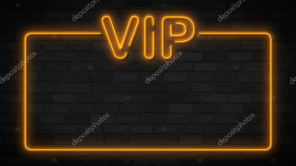 Realistic isolated neon sign of VIP frame logo for decoration and covering on the wall background. Concept of luxury and VIP.