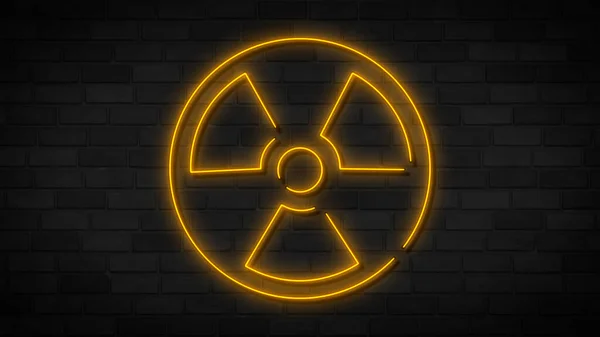 Radiation neon icon. Yellow neon sign on dark brick wall. Best for polygraphy, mobile apps and web design.