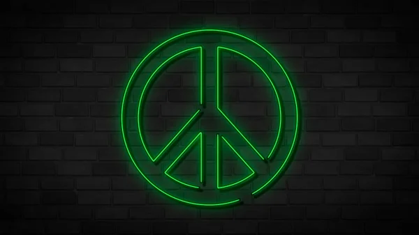 Green peace emblem neon sign on brick wall. Round, circle. Great illustration in neon style for bright banners, light billboards, gay pride flyers.