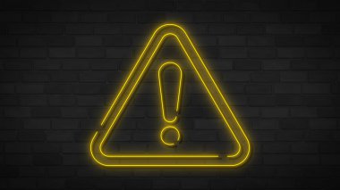 Tuğla duvarda sarı neon tehlike işareti. İnternet elementleri. Web siteleri, web tasarımı, mobil uygulama, bilgi grafikleri için basit simge.