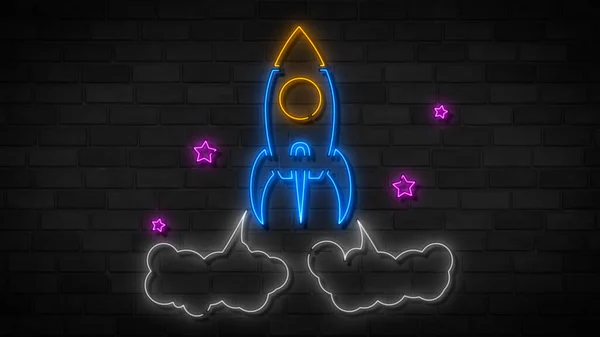 Rocket Neon Sign Bright Signboard Light Banner Space Logo Emblem — Stock Photo, Image