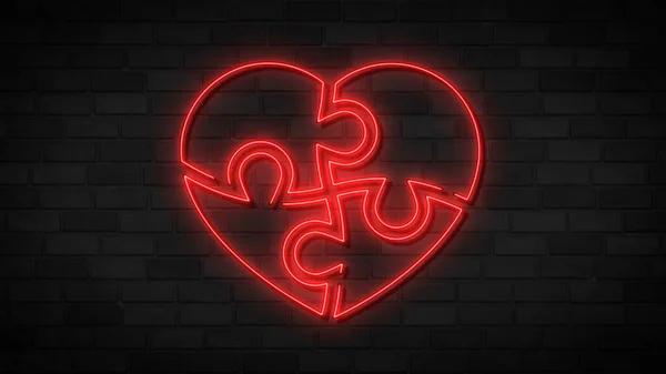 Red glowing neon heart puzzle icon isolated on brick background. Romantic symbol linked, join, passion and wedding. Valentine day symbol.