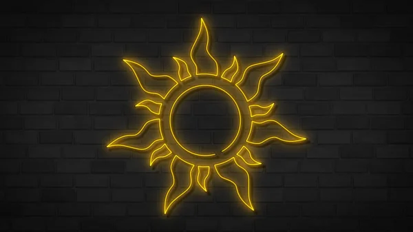 Yellow Sun Neon Sign Glowing Striped Sun Symbol Dark Brick — Stock Photo, Image