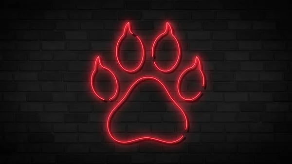 Glowing red neon line Paw print icon isolated. Dog or cat paw print. Animal track. Isolated on brick wall.
