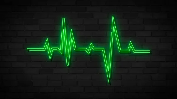 心脏脉搏简单图标孤立在砖墙上 平平静静的 黑暗背景下的绿色霓虹灯 — 图库照片