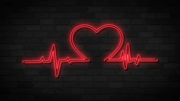 Neon heart with glowing heart rate on a dark brick wall background. Red neon sign.