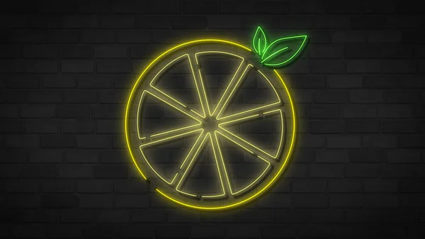 Beleuchtete Zitrone Auf Backsteinmauer Hintergrund Leuchtend Farbige Symbole Oder Schilder — Stockfoto