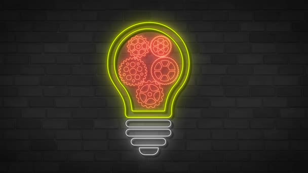 Glödande Neon Line Glödlampa Med Begreppet Idé Ikon Isolerad Tegel — Stockvideo