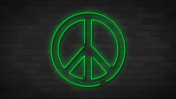 Friedenssymbol Zeichen Neongrünes Licht Leuchtende Und Schillernde Peace Leuchtreklame Bewegungsanimation — Stockvideo