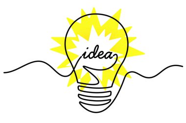 Devamlı sanat fikri. Beyaz üzerine sarı ampul rengi izole edilmiş. Yaratıcı fikir ve yenilik kavramı. Çizgi düz tasarım. Vektör illüstrasyonu.