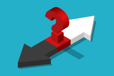 Isometric siyah beyaz oklar, zıt yönler ve kırmızı soru işareti. Arabuluculuk, bireysellik, ayrılma ve ilişki kavramı. Uzun gölgeli düz dizayn. Vektör illüstrasyonu.