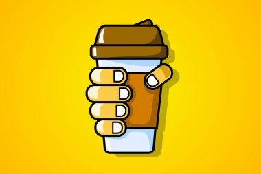 Tek kullanımlık kahve fincanı elinde. Düz tasarım çizimi. El, bir kağıt bardağı kahveyle birlikte tutar. Fast food. Kahve molası..