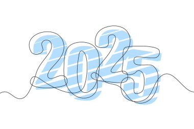 Sürekli çizgi 2025 numara çekiyor. Minimalizm konsepti kutlaması. Tek sıra halinde 2025 yıl. Bir tane sürekli çizgi çizimi. Vektör illüstrasyonu beyaz arkaplanda izole edildi.