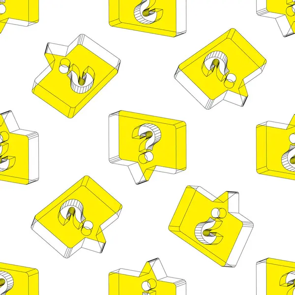 İzole edilmiş arkaplanda izometrik sarı konuşma baloncuğunda soru işareti olan vektörsüz desen. Monokrom hippi geçmişi. Sohbet mesajlaşması konsepti.