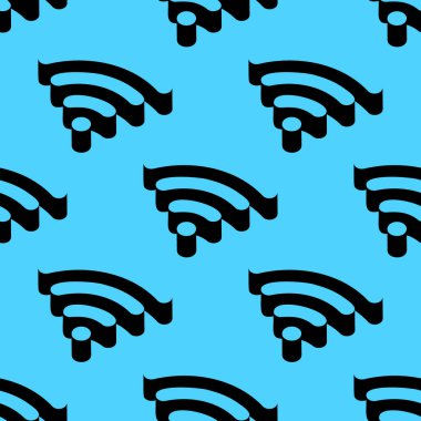 Parlak mavi arkaplanda cesur negatif uzay tasarımlı Wi-Fi sinyal simgelerinin kusursuz vektör deseni. Dijital, kablosuz ve teknolojik markalaşma veya modern web geçmişleri için ideal.
