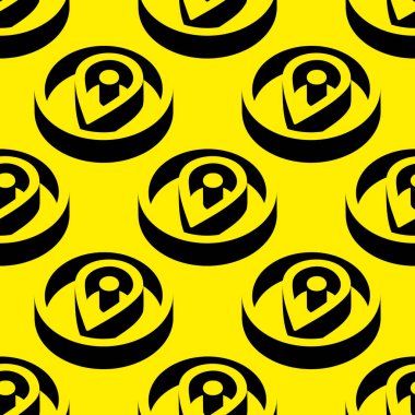 Sarı arkaplanda kalın üç boyutlu dairesel çerçeveli lokasyon pin simgelerinin iztrik vektör deseni. GPS, harita ve navigasyon kavramlarını temsil eden negatif uzay tasarımı.