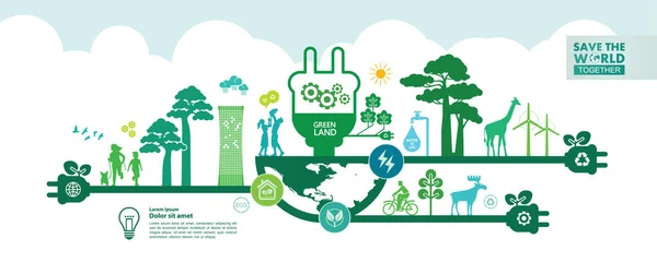 Σώστε Τον Κόσμο Μαζί Πράσινο Οικολογία Διανυσματική Απεικόνιση — Διανυσματικό Αρχείο