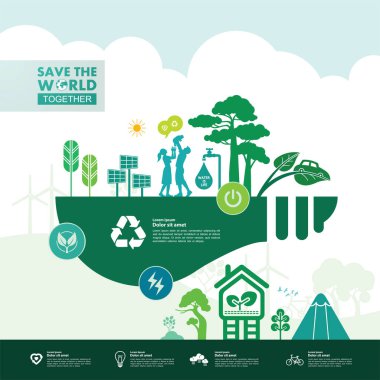 Yeşil ekoloji vektörü illüstrasyonuyla birlikte dünyayı kurtarın.