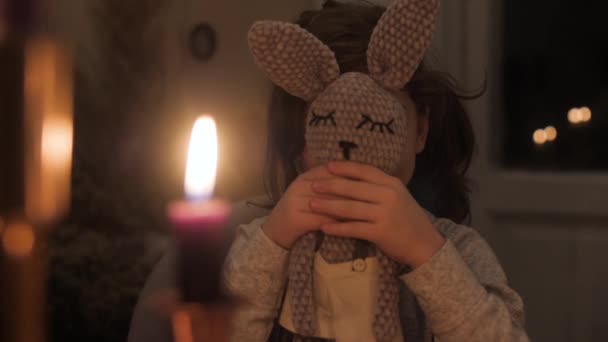 Portrait Year Old Girl Who Hides Soft Toy Hare Lowers — Stock Video