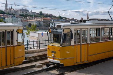 Budapeşte, Macaristan - 1 Eylül 2022: Budapeşte şehir merkezinde iki sarı tramvay