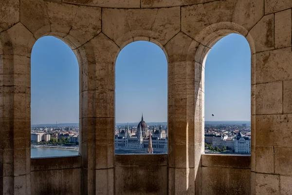stock image Budapest, Hungary - 2 September 2022: The Hungarian Parliament Building from Fishermen's Bastion