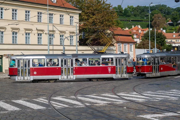 stock image Prague, Czech Republic - 4 September 2022: A red streetcar in the Old Twon of Prague