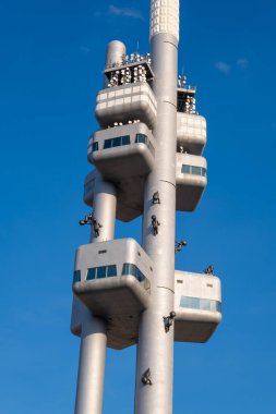 Prag, Çek Cumhuriyeti - 5 Eylül 2022: Zizkov Televizyon Kulesi 'nde emekleyen sanatçı David Cerny' den Miminka (Bebekler)
