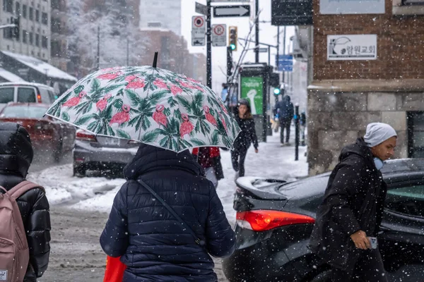 Montreal Listopada 2022 Pierwsze Opady Śniegu Sezonie Uderzają Miasto Ludzie — Zdjęcie stockowe