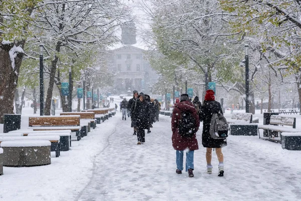 Montreal Listopada 2022 Pierwsze Opady Śniegu Sezonie Uderzają Miasto Studenci — Zdjęcie stockowe