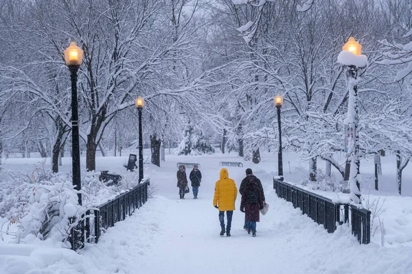 Montreal Dezembro 2022 Pedestres Caminhando Parque Lafontaine Durante Tempestade Neve — Fotografia de Stock